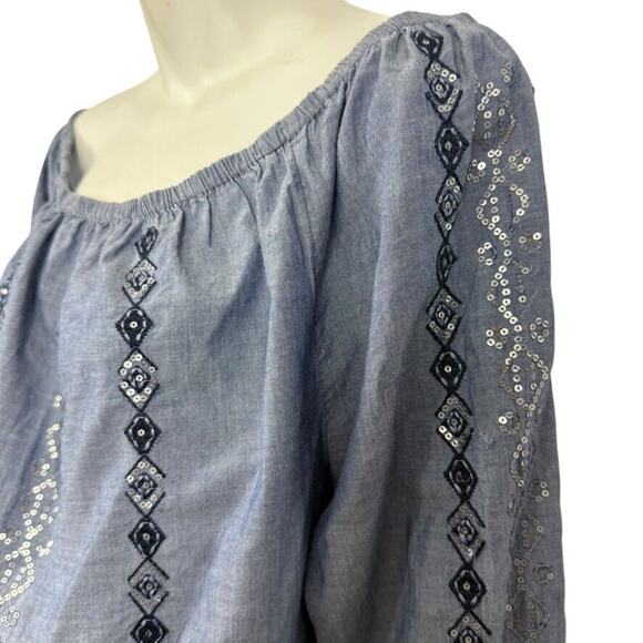 Chicos Womens Embellished Denim Chambray Embroidered Sequin Top Shirt Blue 2/ L - Picture 10 of 16